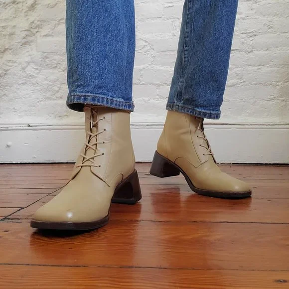 Square Toe Cream Beige Lace Up Leather Boots